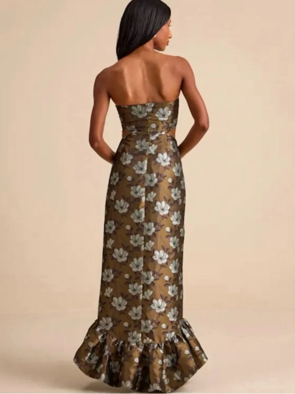 Lulu's Olive Floral Strapless Maxi Dress with Silver Flowers - Picture 3 of 3